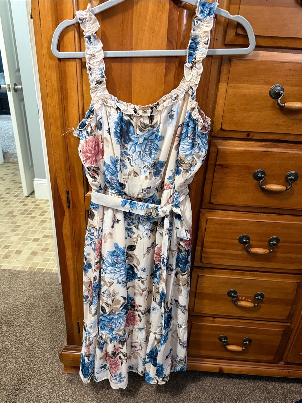 Luxology Cream Midi Dress with Blue and Pink Floral Print